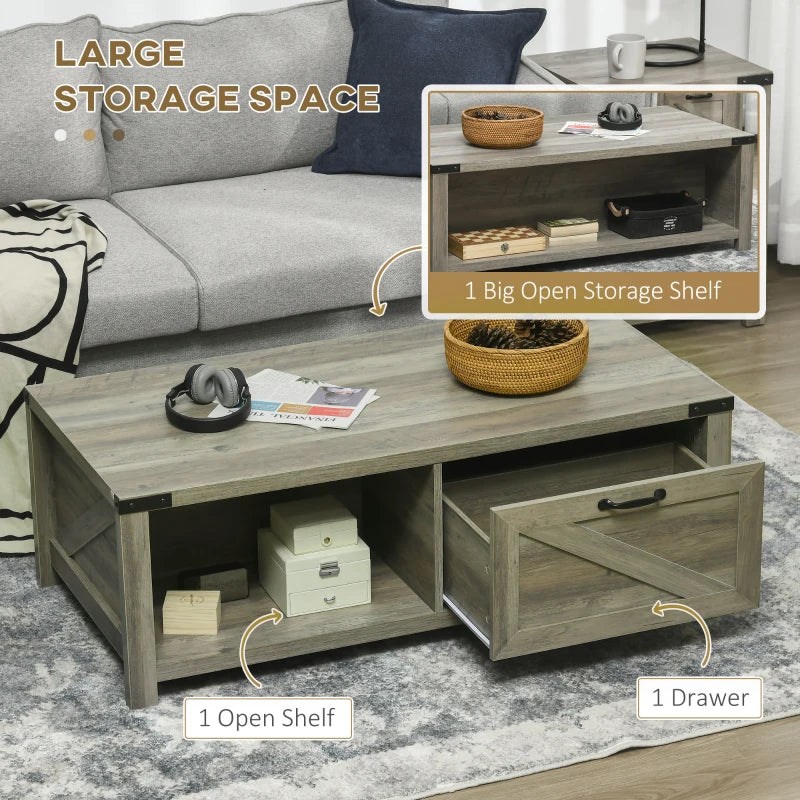 Farmhouse Grey Coffee Table with Drawer & Storage Shelf