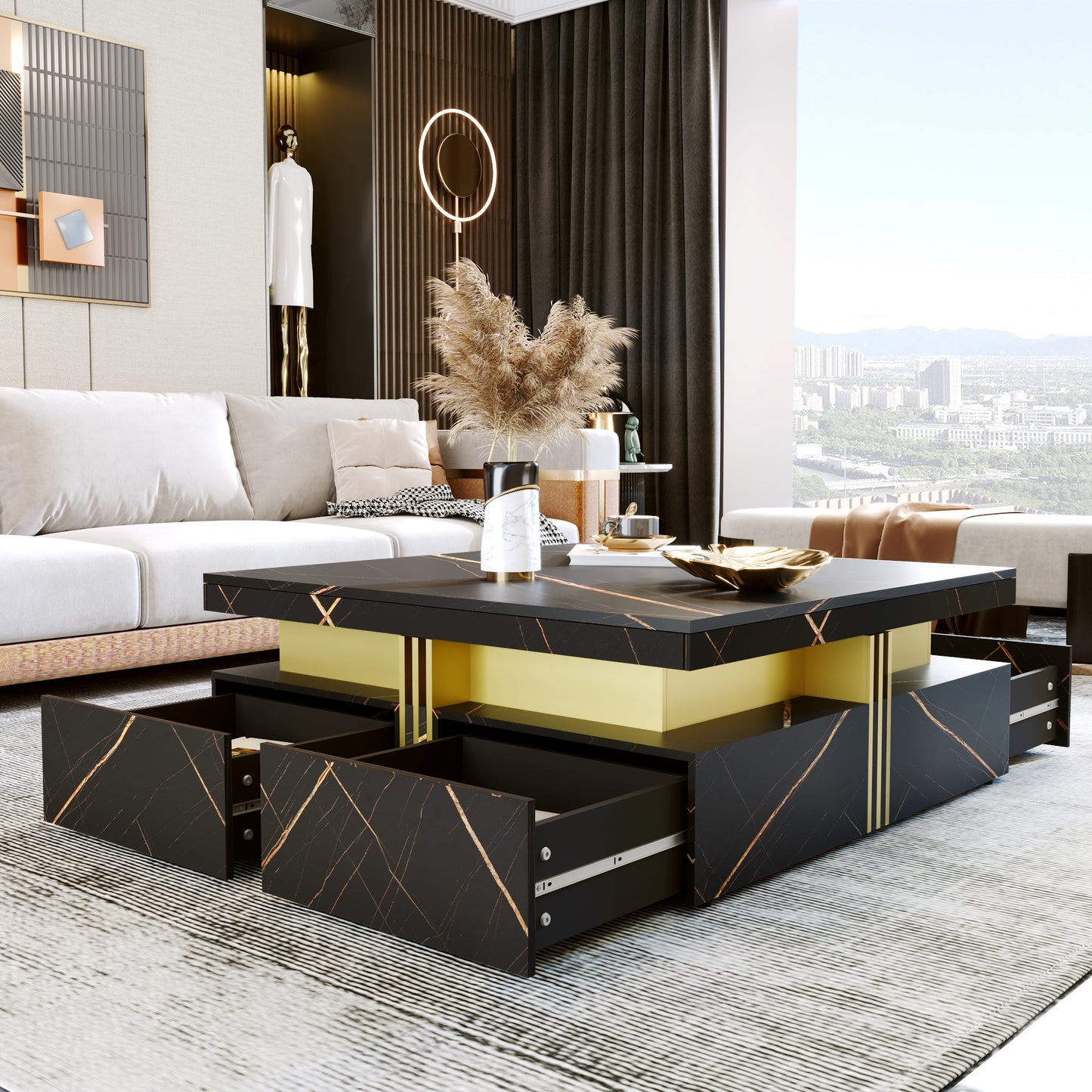 Elegant Black & Gold Modern Square Storage Coffee Table with 4 Drawers