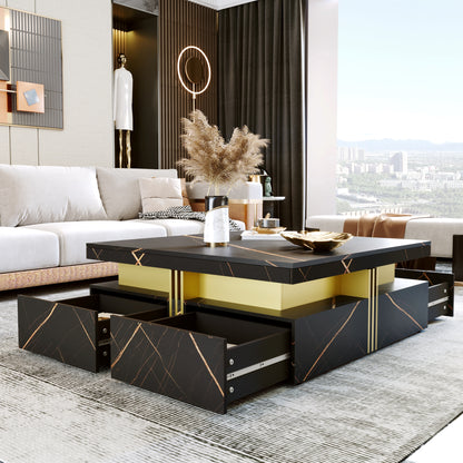 Elegant Black & Gold Modern Square Storage Coffee Table with 4 Drawers