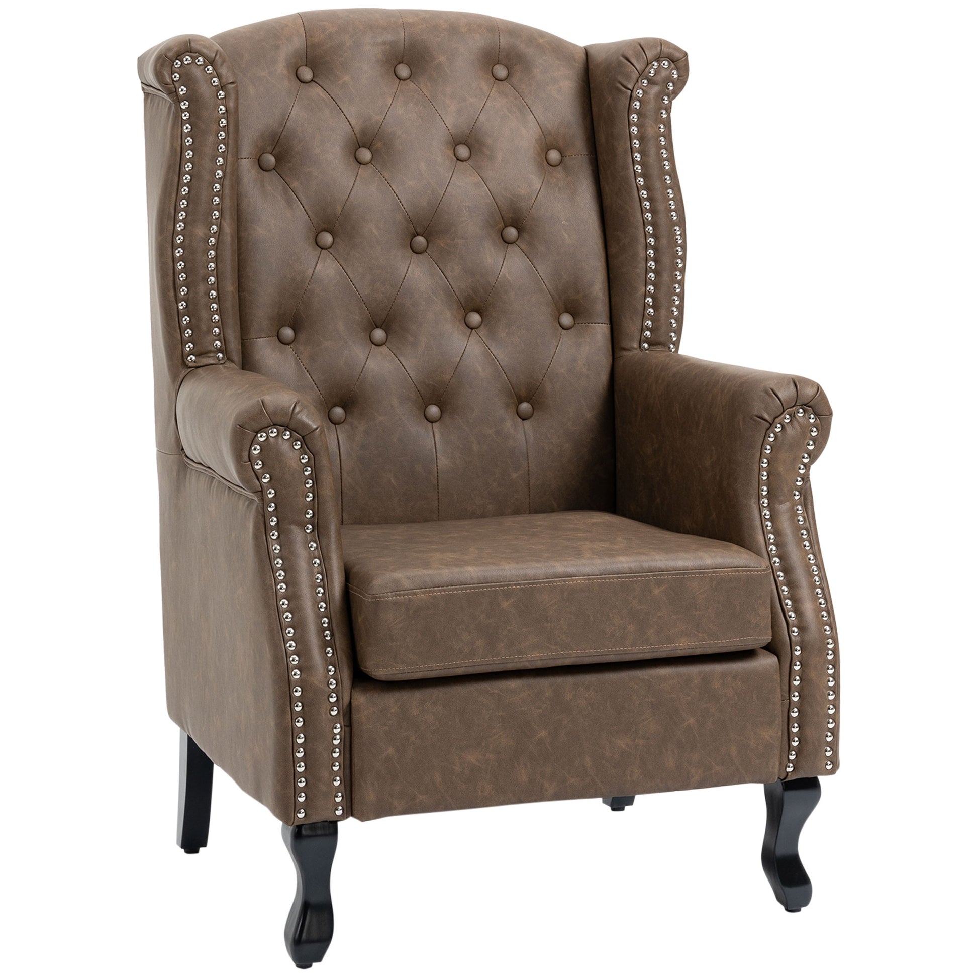 HOMCOM Brown Tufted Chesterfield Lounge Armchair, Faux Leather, Solid Wood Legs