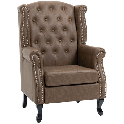 HOMCOM Brown Tufted Chesterfield Lounge Armchair, Faux Leather, Solid Wood Legs