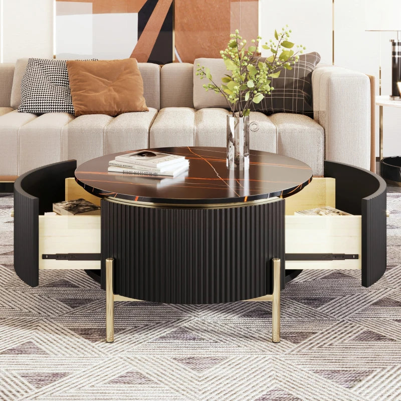 Modern Round Coffee Table with 2 Drawers, MDF, Gold Legs, White & Gold