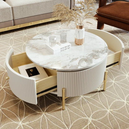 Modern Round Coffee Table with 2 Drawers, MDF, Gold Legs, White & Gold