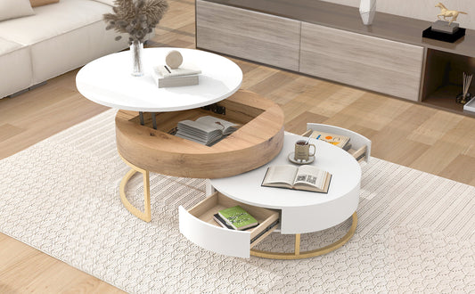 Modern Round Lift-Top Nesting Coffee Tables Hydraulic System Space-Saving Design