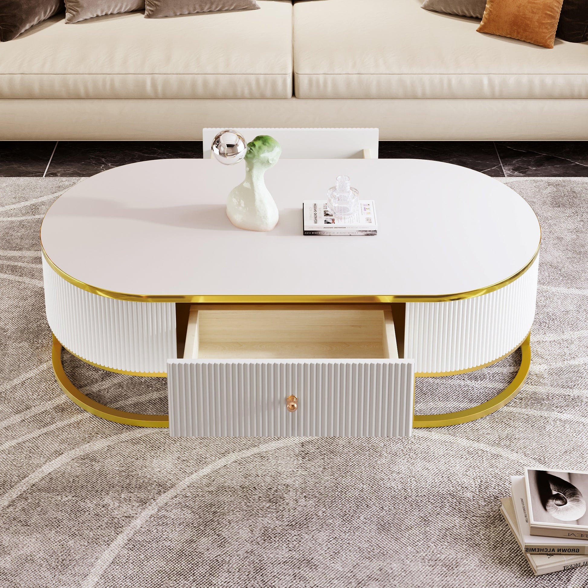 Modern High-Gloss Oval Coffee Table with Storage Drawers, Gold Metal Base, White Finish