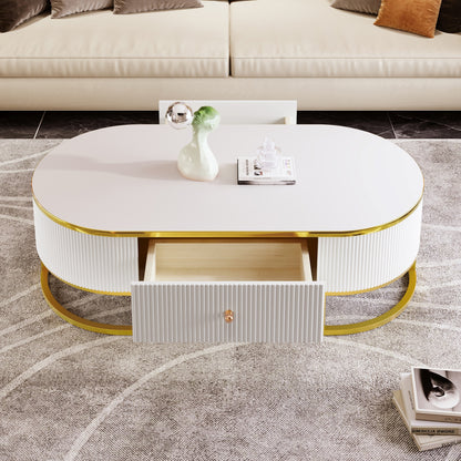 Modern High-Gloss Oval Coffee Table with Storage Drawers, Gold Metal Base, White Finish