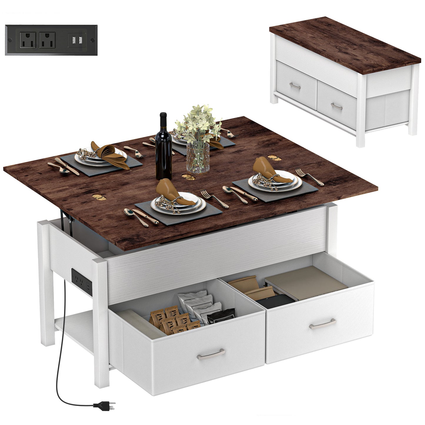 HOMCOM Lift Top Coffee Table with Charging, Hidden Storage, Fabric Drawers