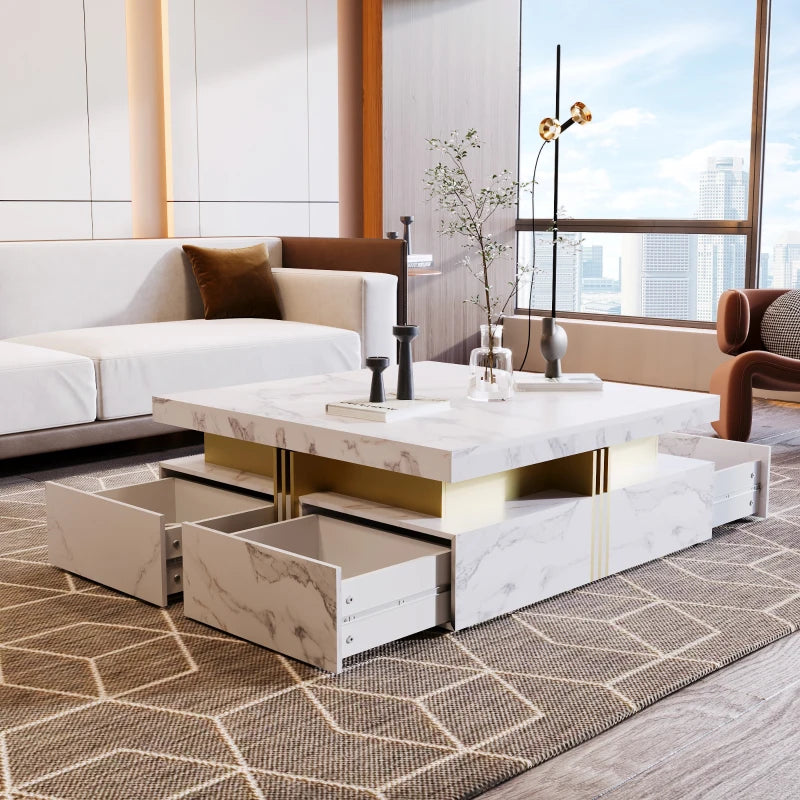 Elegant Black & Gold Modern Square Storage Coffee Table with 4 Drawers