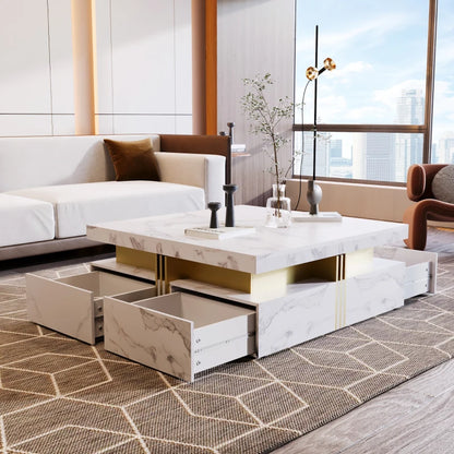 Elegant Black & Gold Modern Square Storage Coffee Table with 4 Drawers