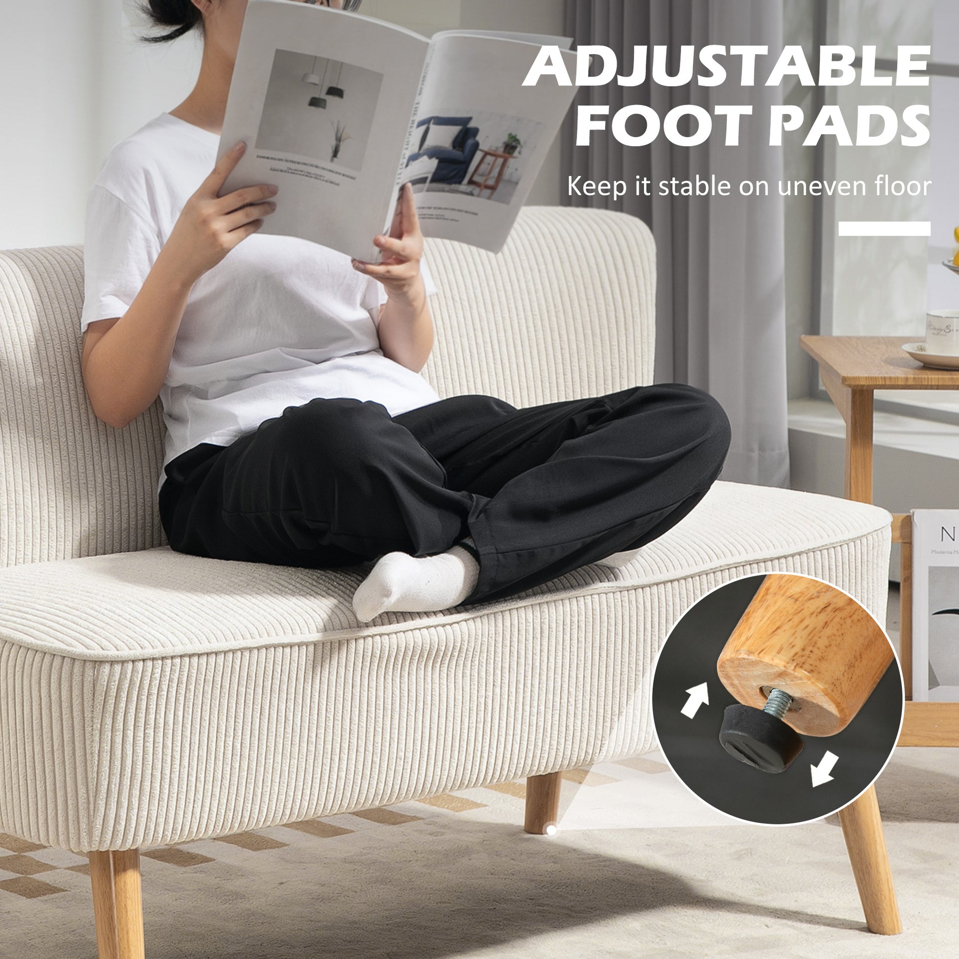 HOMCOM Modern Cream White 2-Seater Loveseat Sofa with Sturdy Rubberwood Legs