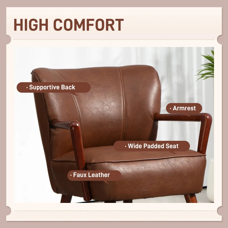 Chic Brown Faux Leather Accent Armchair with Solid Wood Legs Comfort