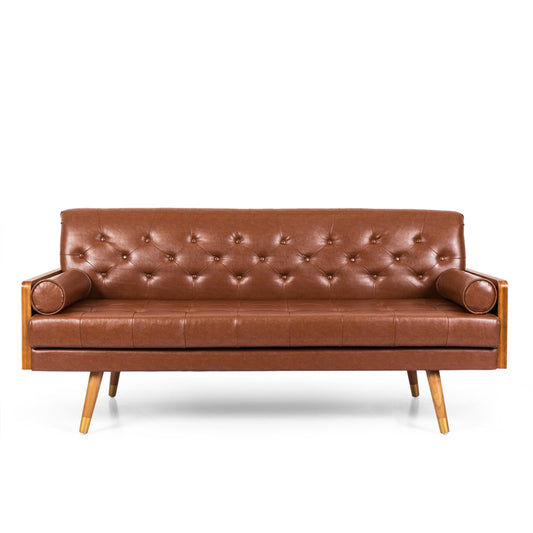 Adelaide Mid-Century Modern Tufted Sofa, Rolled Pillows, Gold Tipped Legs