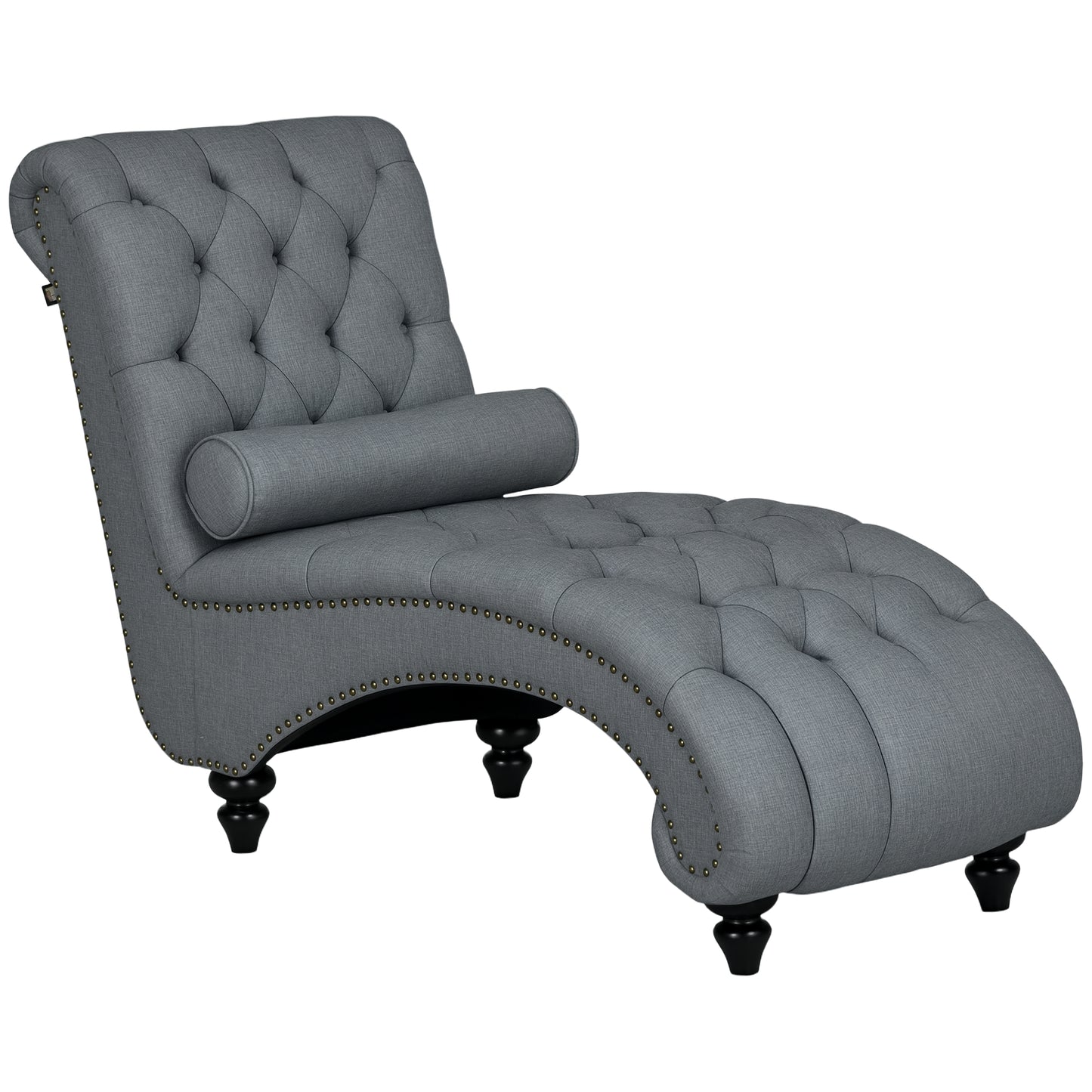 HOMCOM Grey Button Tufted Chaise Lounge Chair with Bolster Pillow Wood Legs