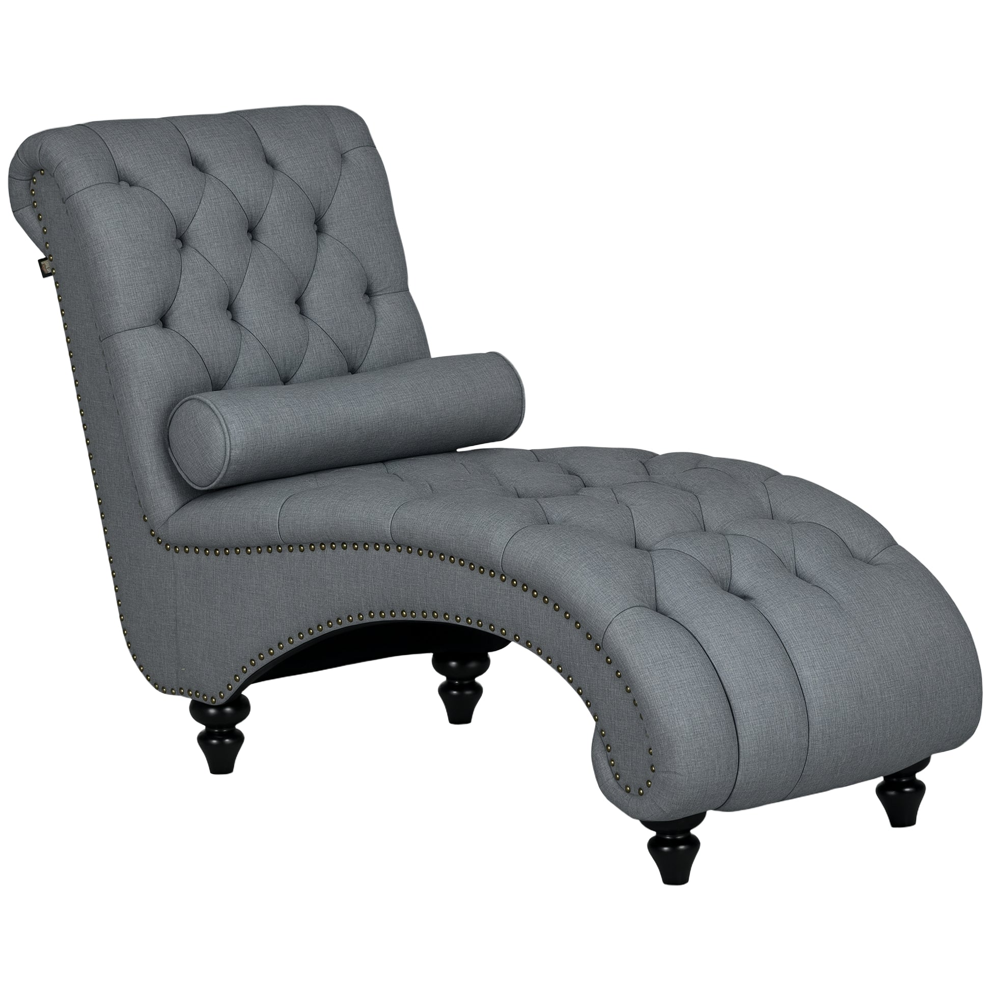 HOMCOM Grey Button Tufted Chaise Lounge Chair with Bolster Pillow Wood Legs