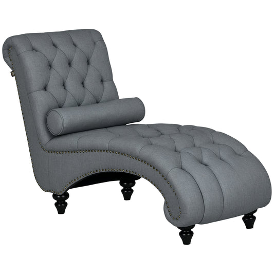 HOMCOM Grey Button Tufted Chaise Lounge Chair with Bolster Pillow Wood Legs