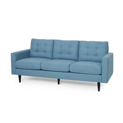 Elegant Blue 3-Seater Sofa, Button Tufted Waffle Stitch, Solid Rubberwood Legs