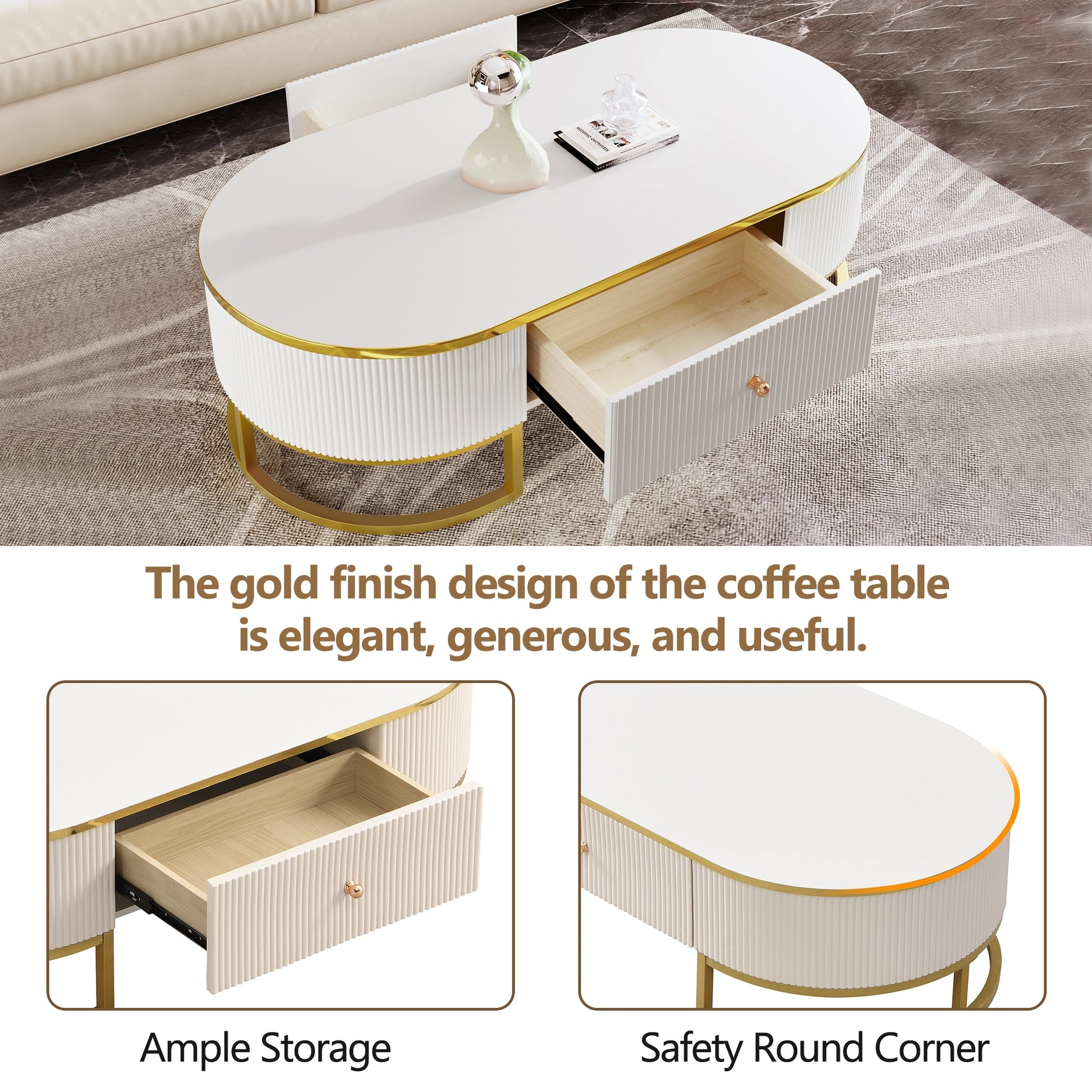 Modern High-Gloss Oval Coffee Table with Storage Drawers, Gold Metal Base, White Finish