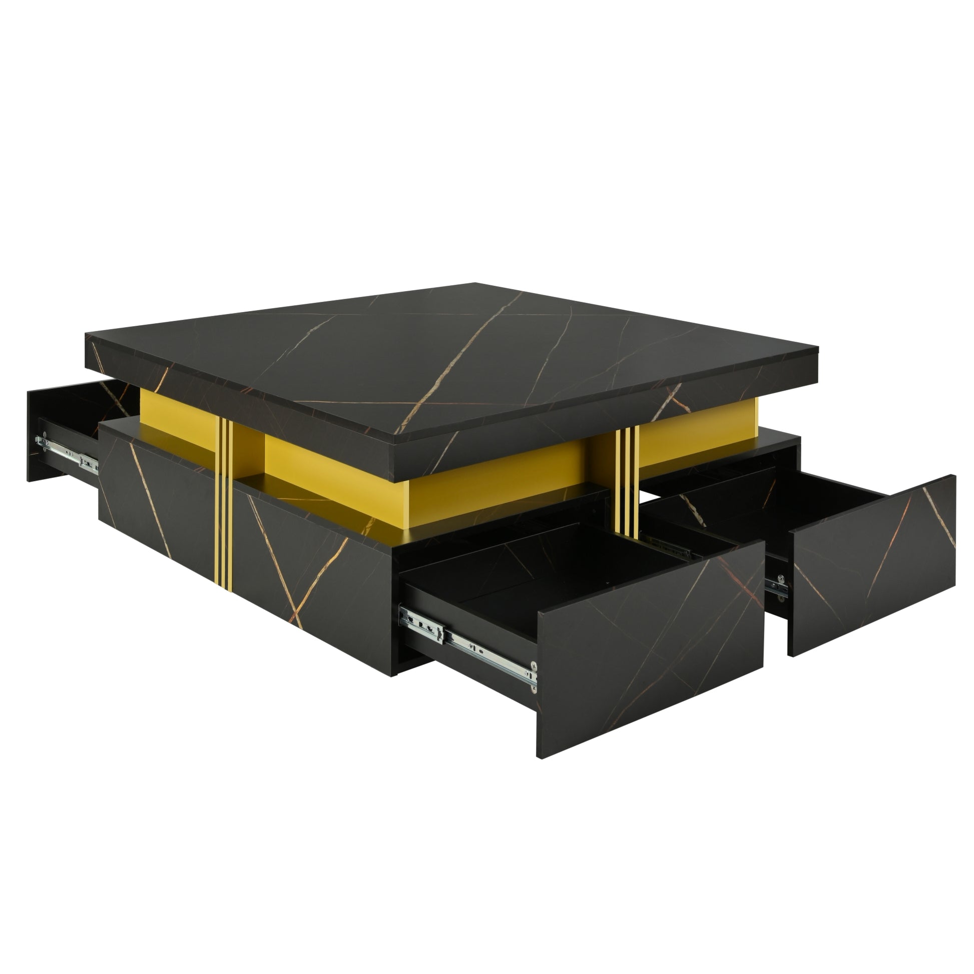 Elegant Black & Gold Modern Square Storage Coffee Table with 4 Drawers
