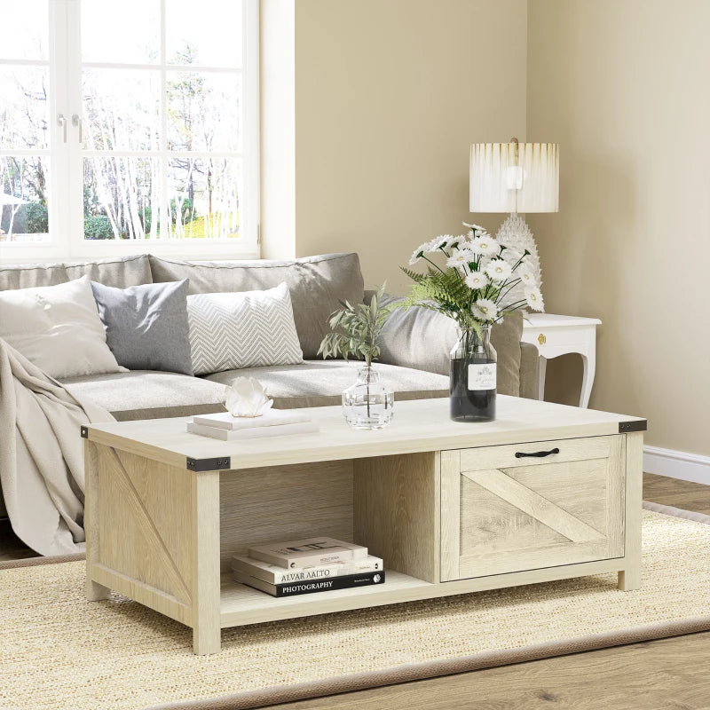 Farmhouse Grey Coffee Table with Drawer & Storage Shelf