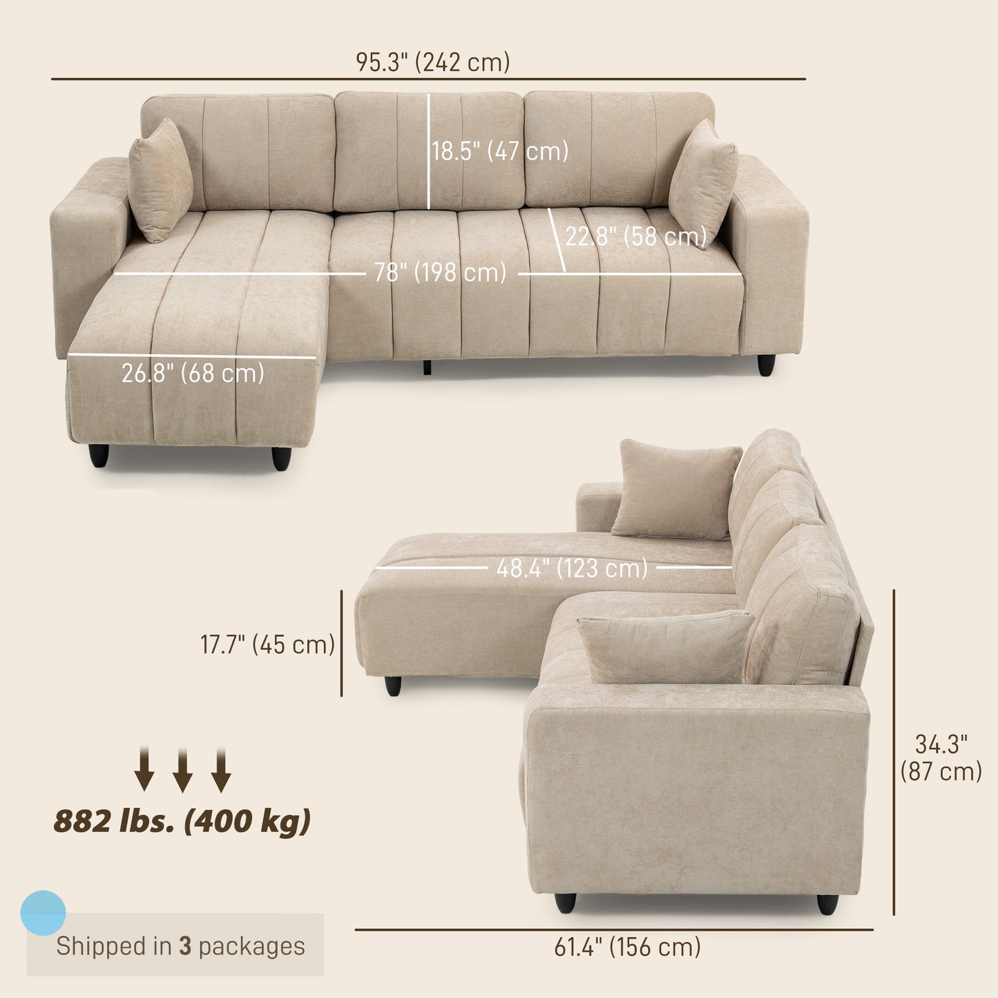 HOMCOM 3-Seater L-Shaped Sectional Sofa with Reversible Chaise, Beige Fabric