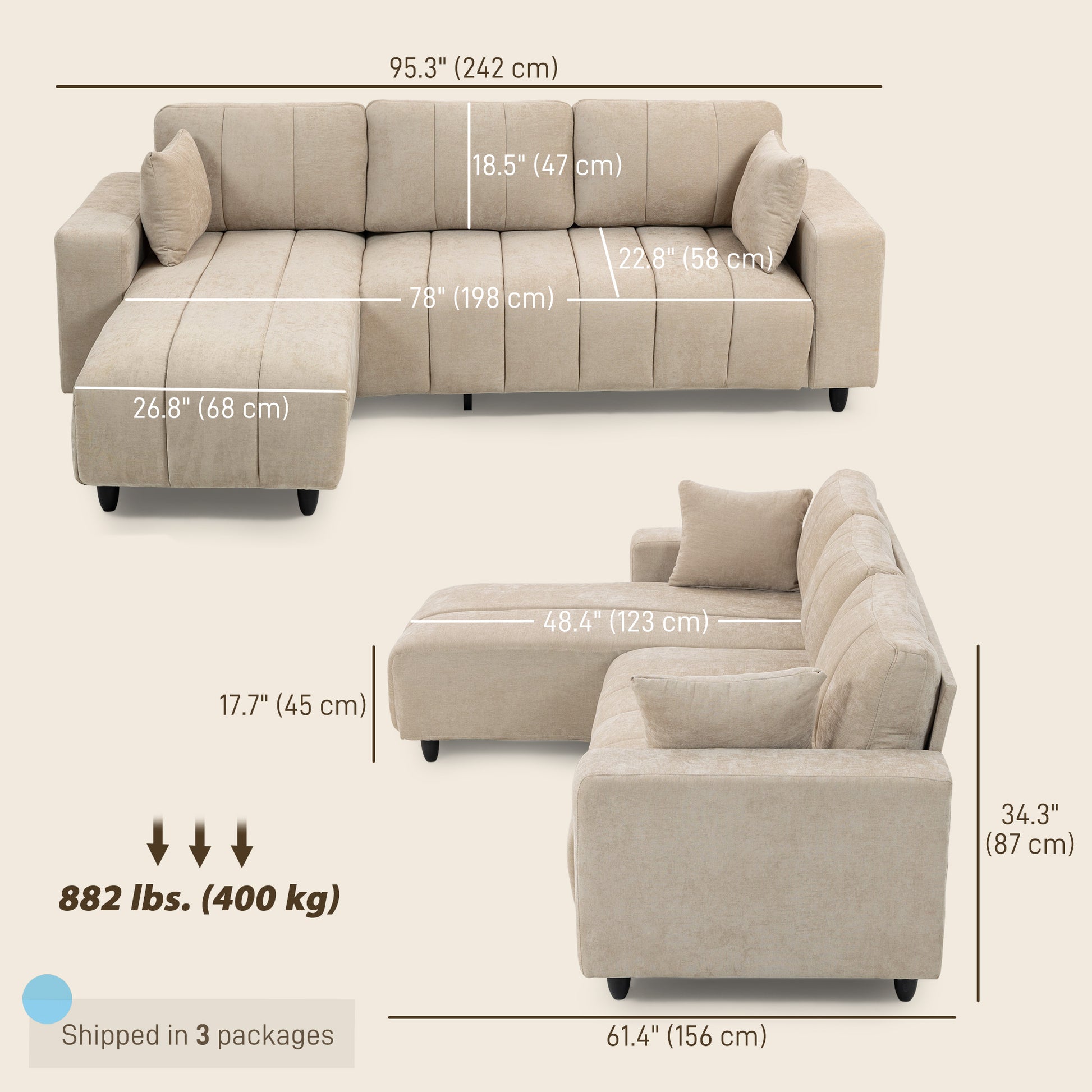 HOMCOM 3-Seater L-Shaped Sectional Sofa with Reversible Chaise, Beige Fabric