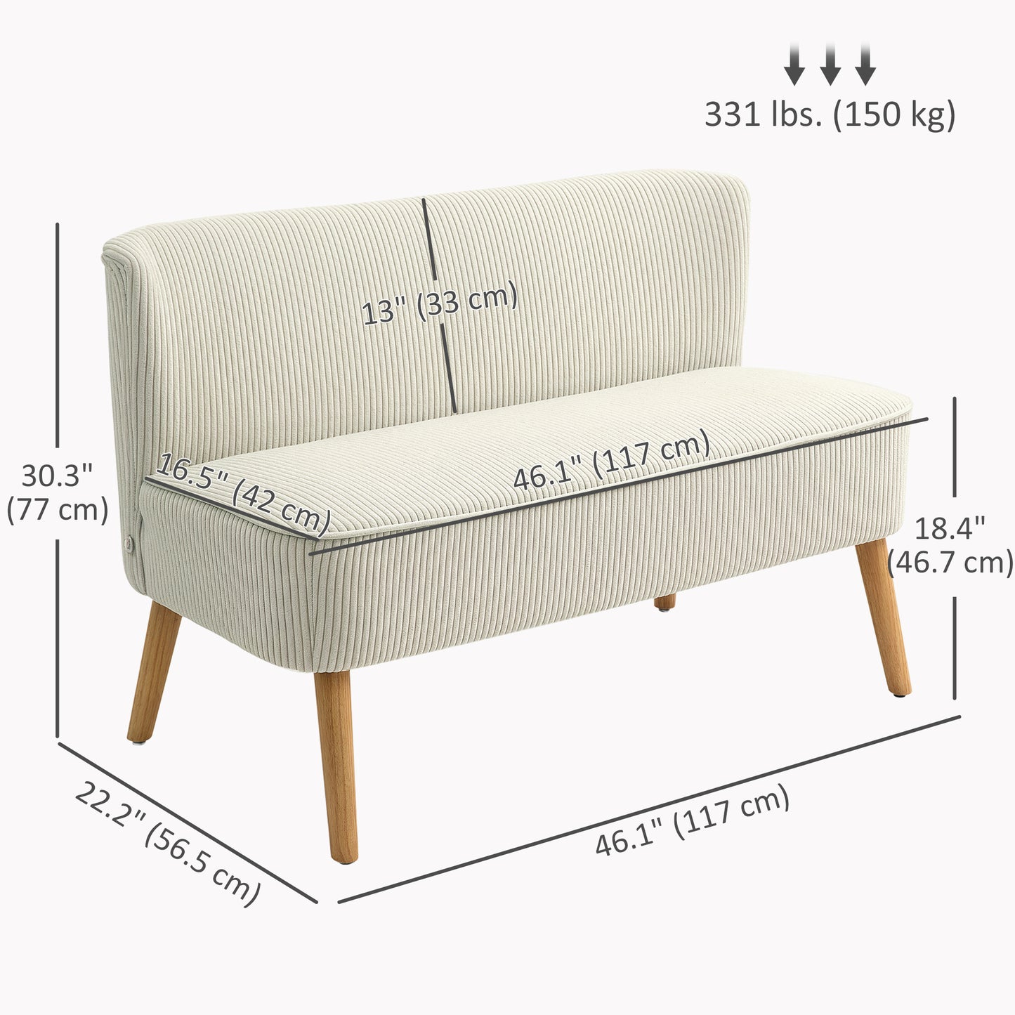 HOMCOM Modern Cream White 2-Seater Loveseat Sofa with Sturdy Rubberwood Legs