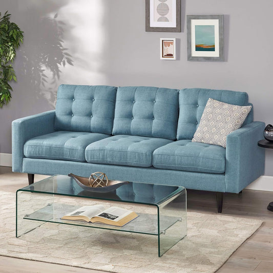 Elegant Blue 3-Seater Sofa, Button Tufted Waffle Stitch, Solid Rubberwood Legs