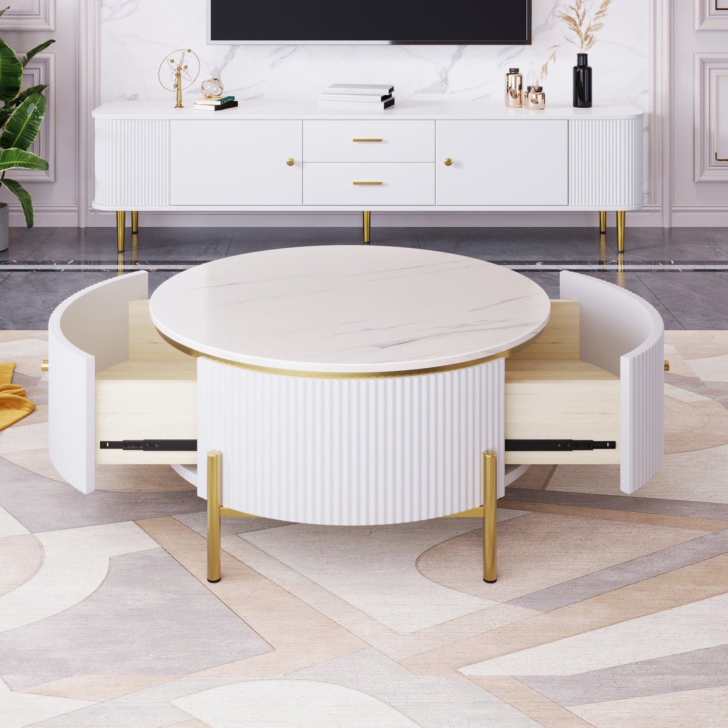 Modern Round Coffee Table with 2 Drawers, MDF, Gold Legs, White & Gold