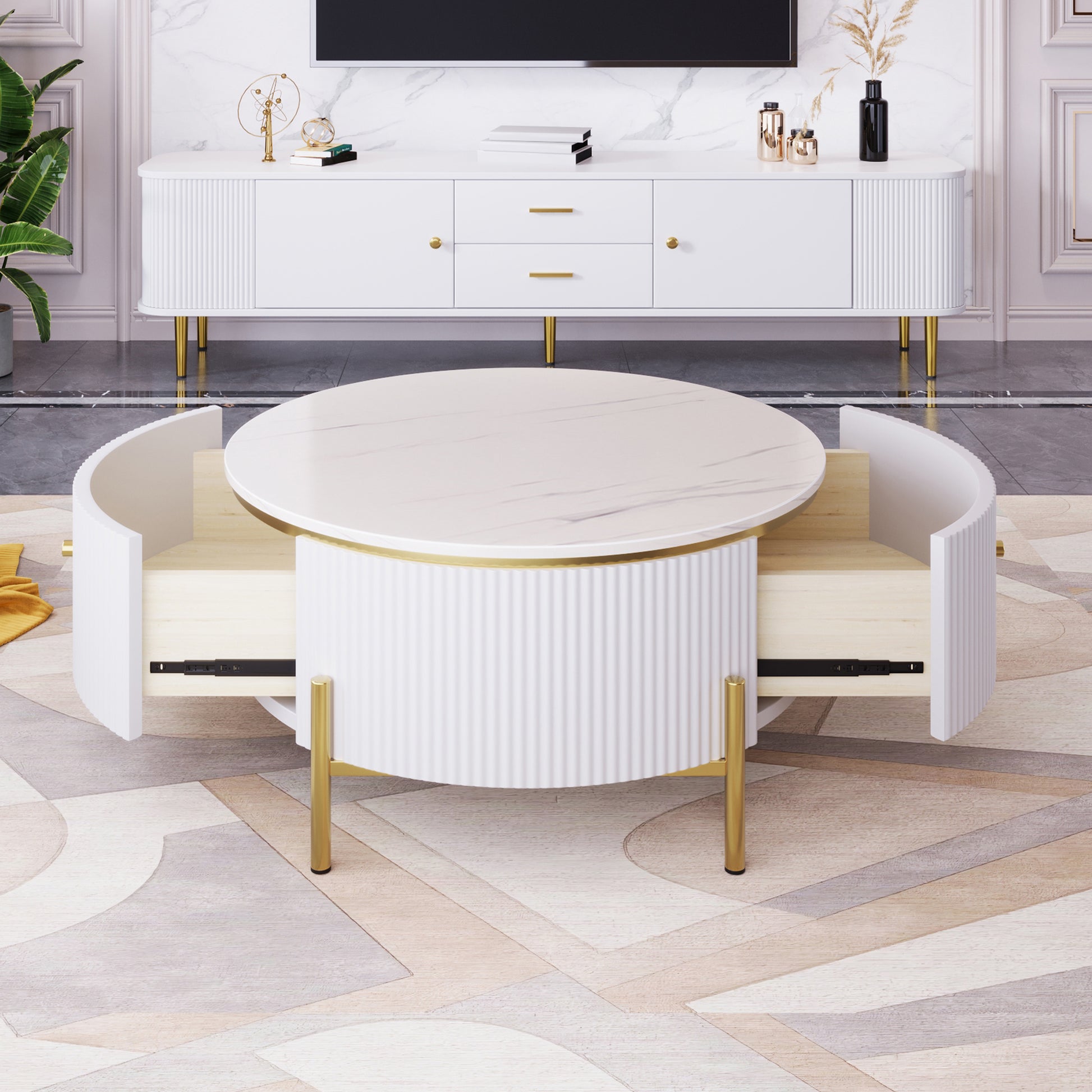 Modern Round Coffee Table with 2 Drawers, MDF, Gold Legs, White & Gold
