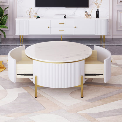 Modern Round Coffee Table with 2 Drawers, MDF, Gold Legs, White & Gold