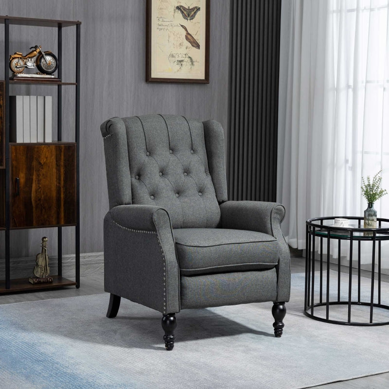 HOMCOM Dark Grey Wingback Push-Back Recliner Chair with Footrest, Tufted Fabric Armchair