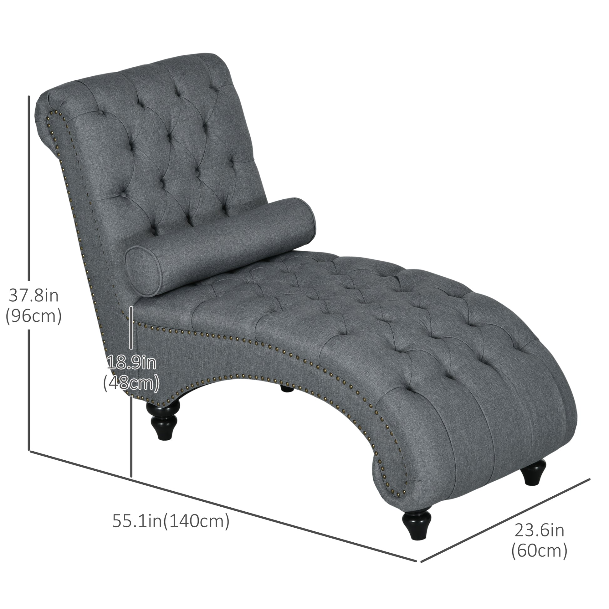 HOMCOM Grey Button Tufted Chaise Lounge Chair with Bolster Pillow Wood Legs