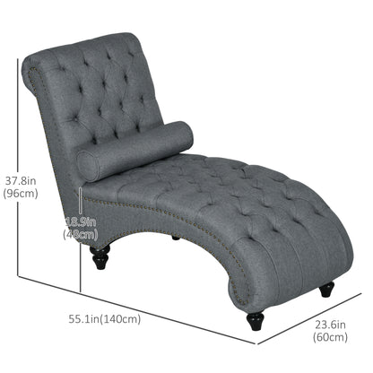 HOMCOM Grey Button Tufted Chaise Lounge Chair with Bolster Pillow Wood Legs