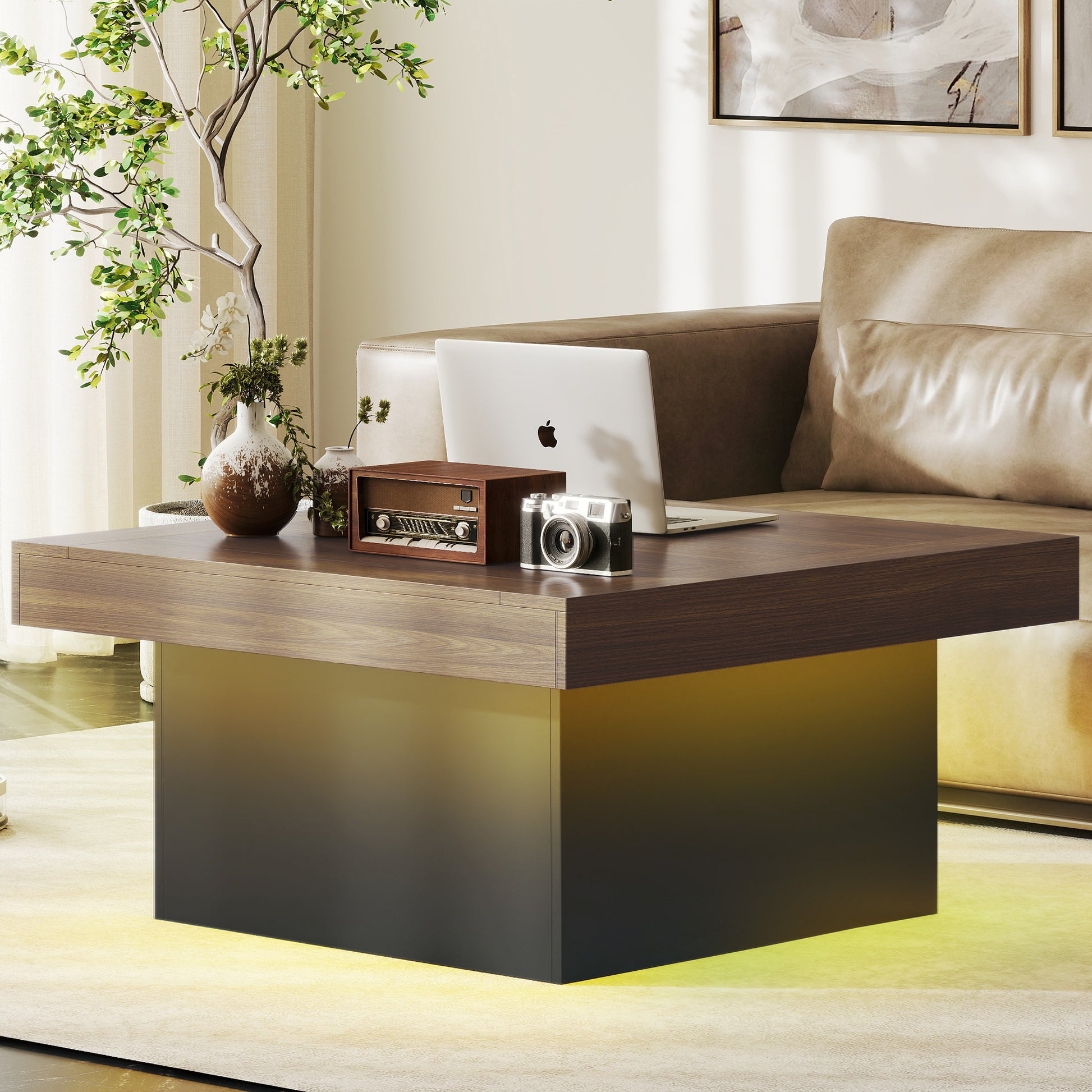 HOMCOM 35-inch Modern Square Coffee Table with 16-Color LED Lights, Walnut
