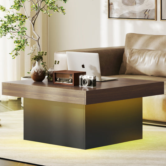 HOMCOM 35-inch Modern Square Coffee Table with 16-Color LED Lights, Walnut