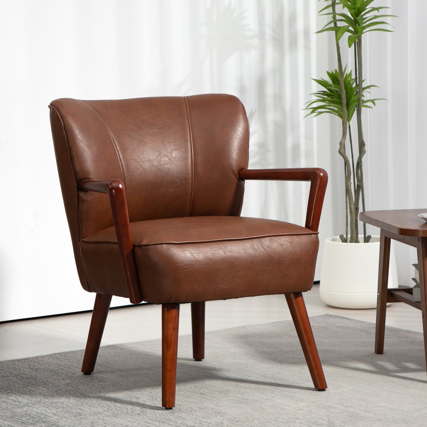 Chic Brown Faux Leather Accent Armchair with Solid Wood Legs Comfort