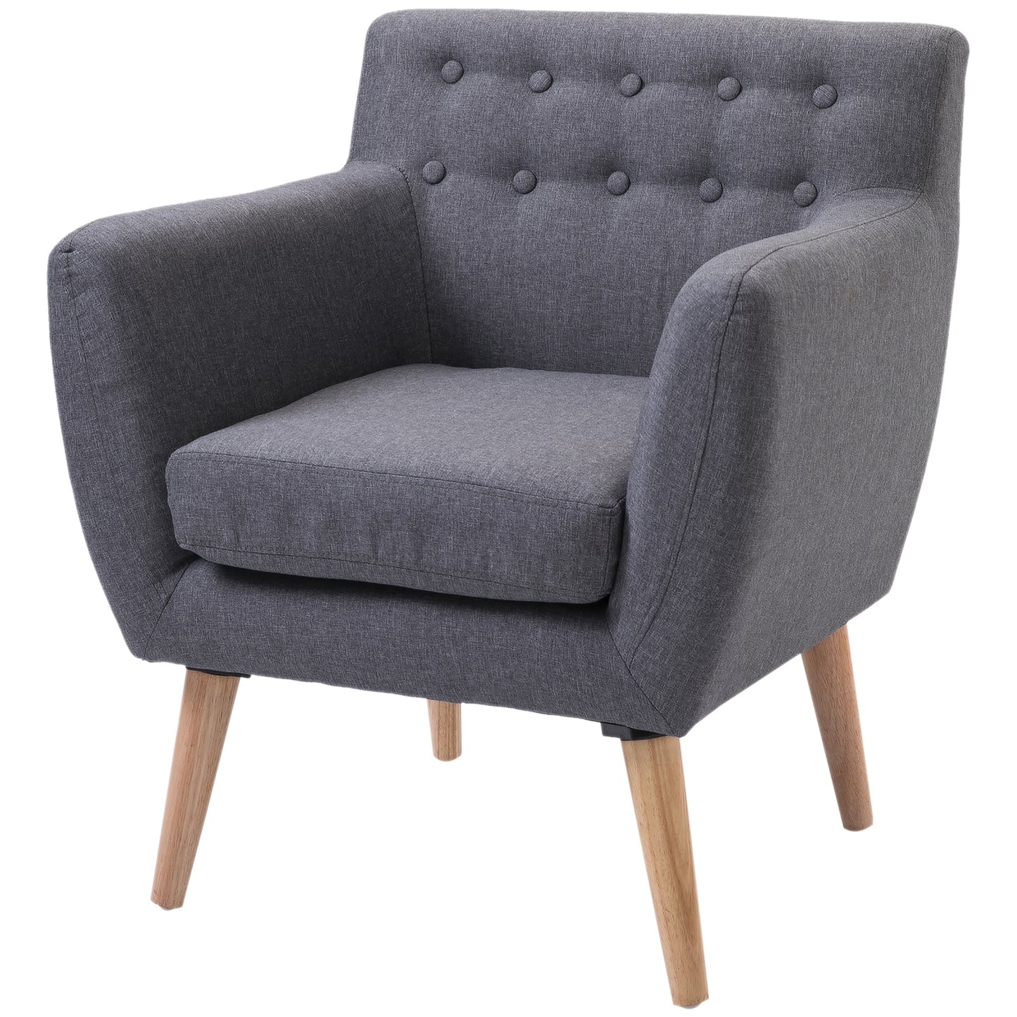 Stylish Mid-Century Modern Accent Arm Chair, Linen Upholstered, Tufted Seat, Wood Frame
