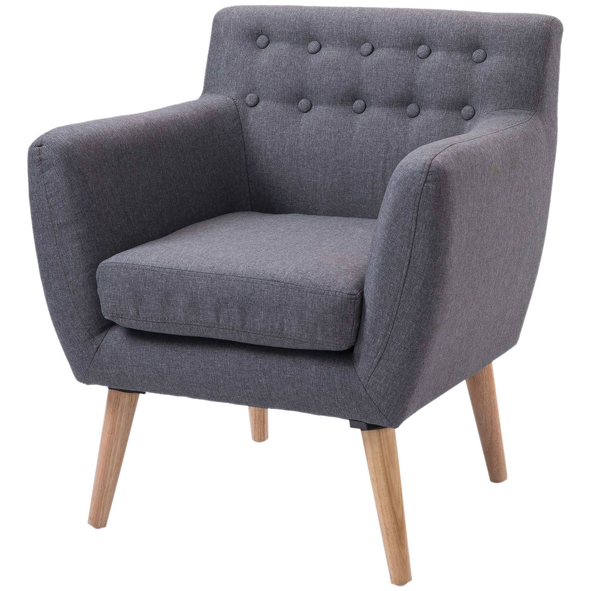 Stylish Mid-Century Modern Accent Arm Chair, Linen Upholstered, Tufted Seat, Wood Frame