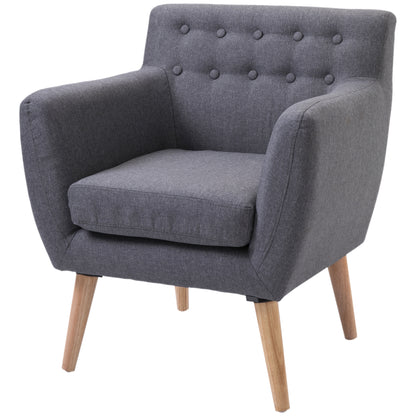 Stylish Mid-Century Modern Accent Arm Chair, Linen Upholstered, Tufted Seat, Wood Frame