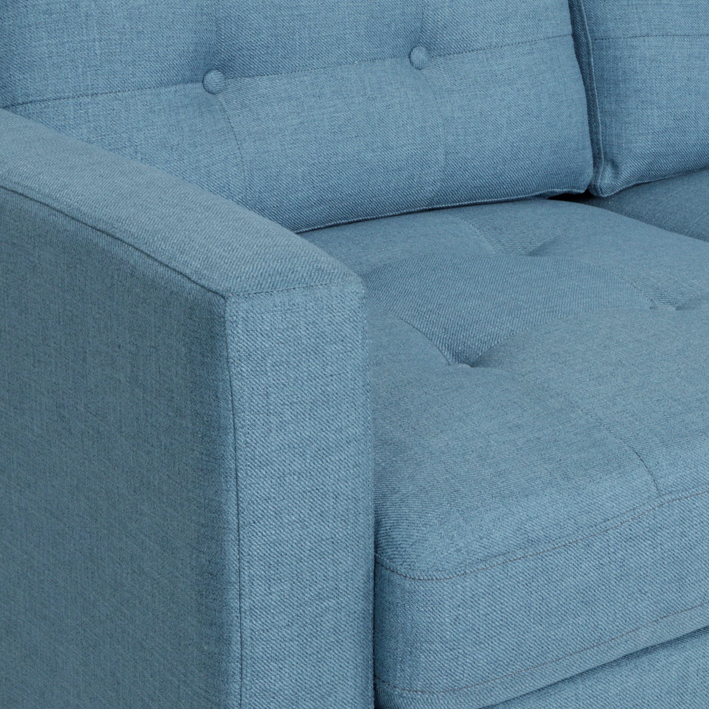 Elegant Blue 3-Seater Sofa, Button Tufted Waffle Stitch, Solid Rubberwood Legs