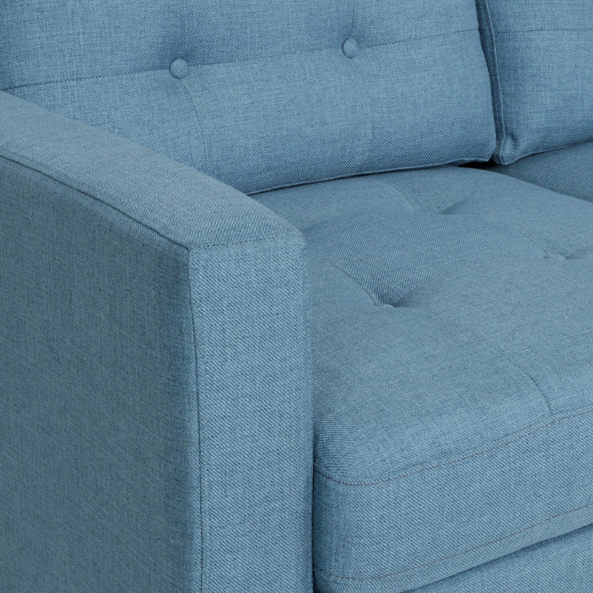 Elegant Blue 3-Seater Sofa, Button Tufted Waffle Stitch, Solid Rubberwood Legs