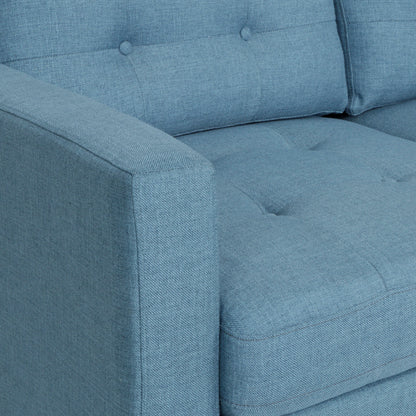 Elegant Blue 3-Seater Sofa, Button Tufted Waffle Stitch, Solid Rubberwood Legs