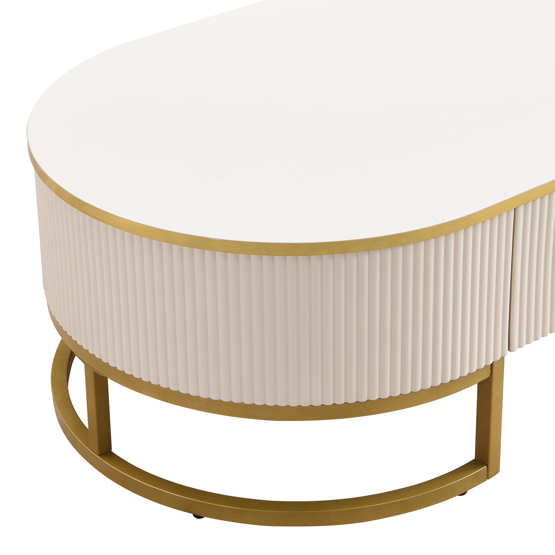 Modern High-Gloss Oval Coffee Table with Storage Drawers, Gold Metal Base, White Finish