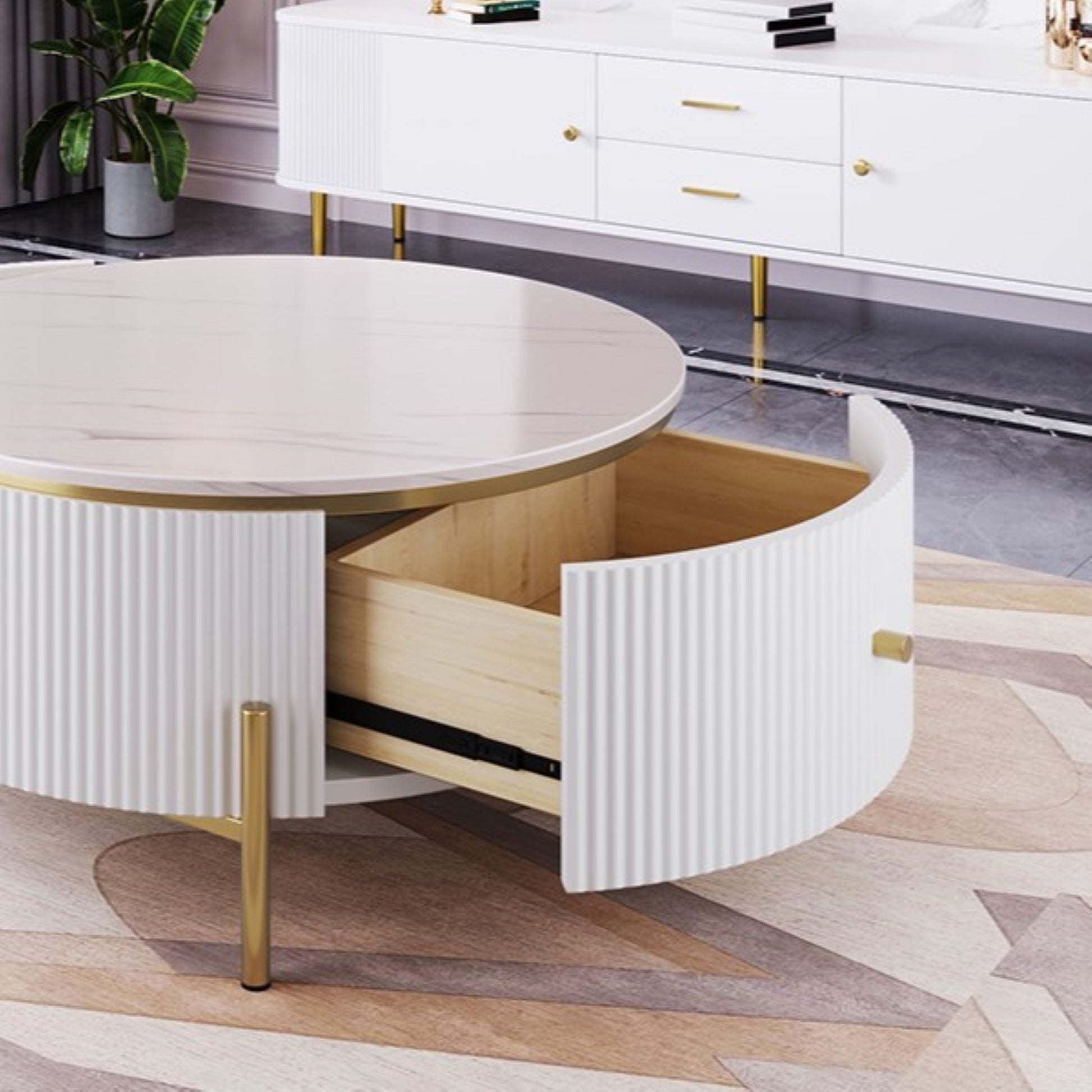 Modern Round Coffee Table with 2 Drawers, MDF, Gold Legs, White & Gold
