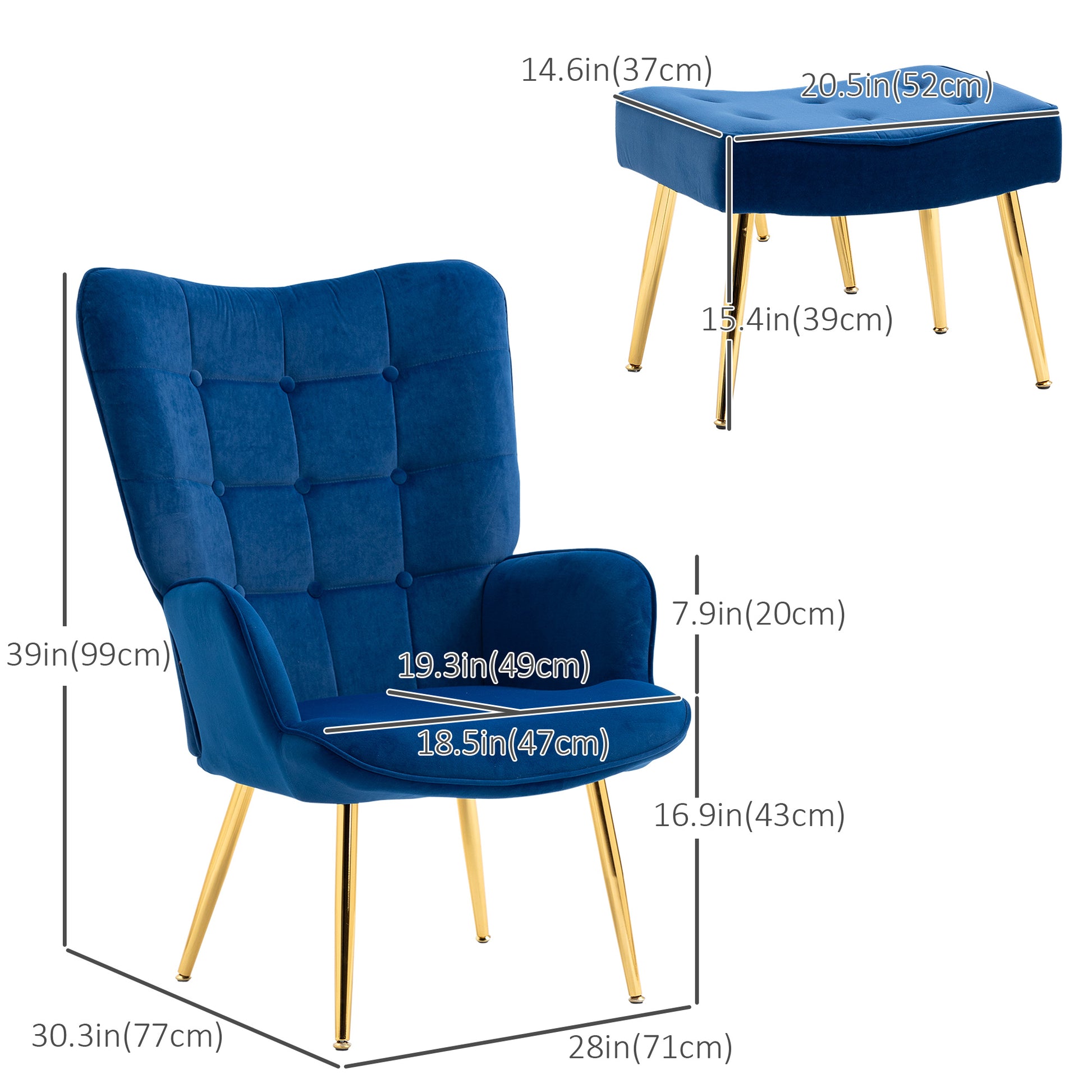 Elegant Modern Velvet Accent Chair & Ottoman Set with Gold Metal Legs