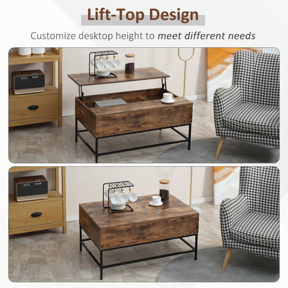 Modern Rustic Brown Lift Top Coffee Table with Hidden Storage, Adjustable Height